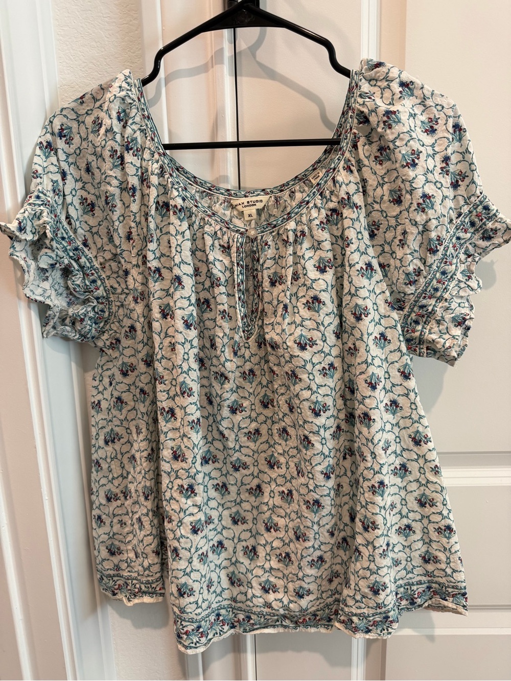 Max Studio Cream Floral Peasant Tunic with Blue Accents